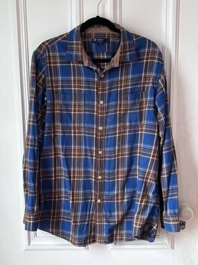 Men’s Cremieux Classics Long Sleeve Plaid Flannel Elbow Patch Shirt Size Large